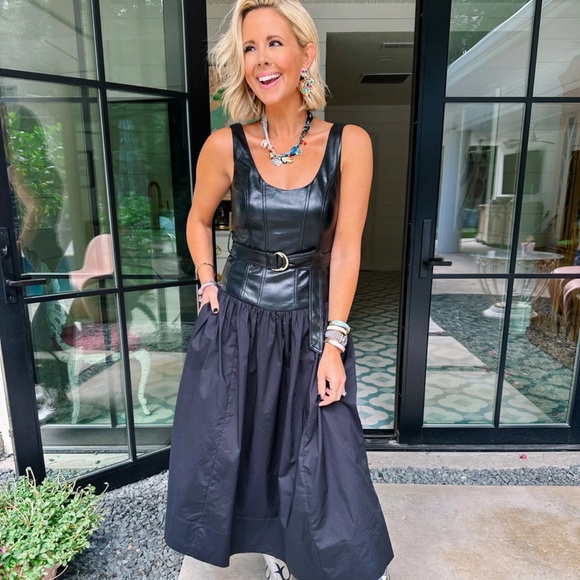 The Reset Dresses & Skirts - Black Sleeveless Midi Dress with Faux-Leather Bodice and Waist Tie Hale House